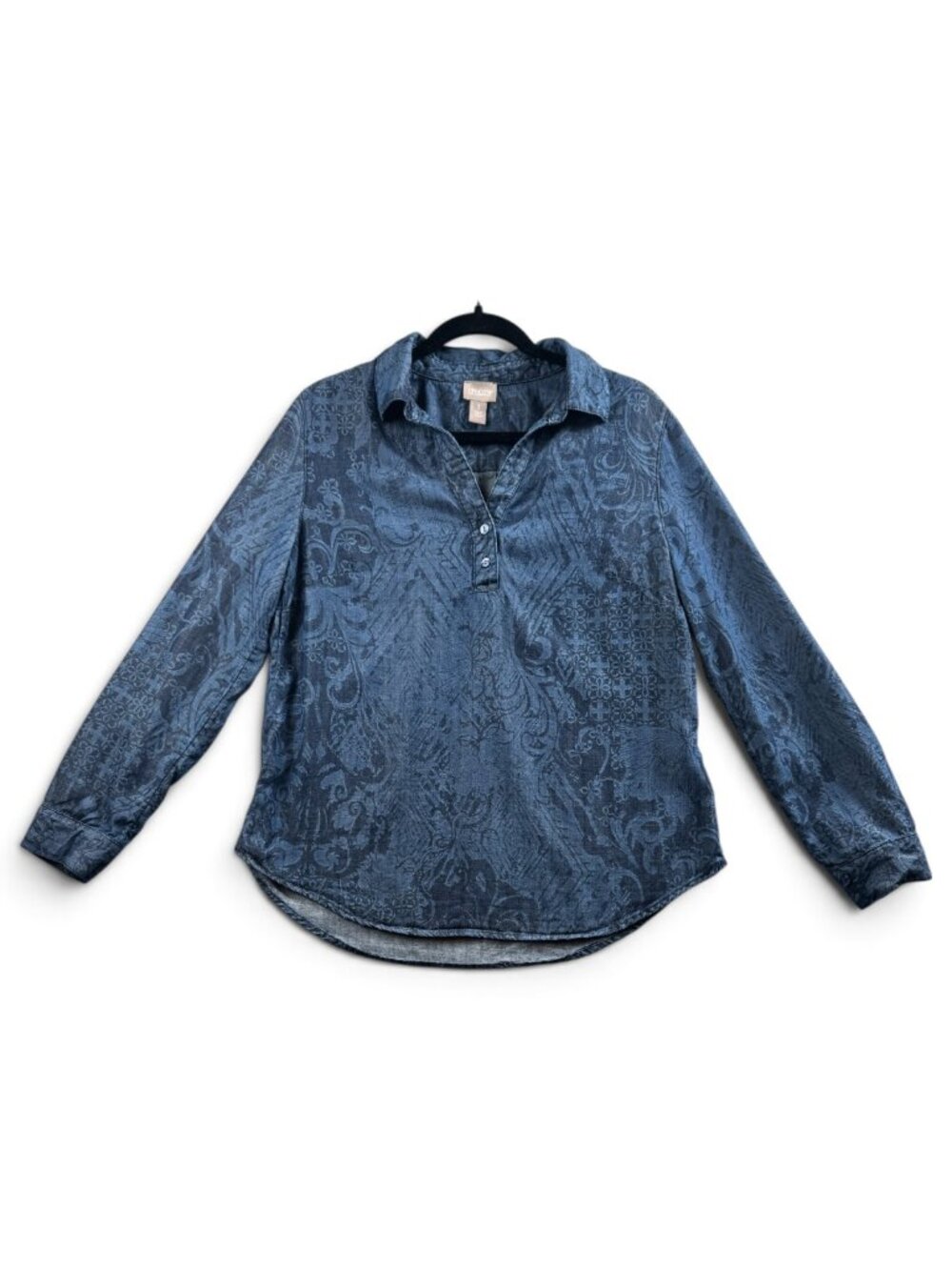 Chico's Blue Chambray Popover Blouse Tencel Lyocell Women's M Boho Tunic Denim